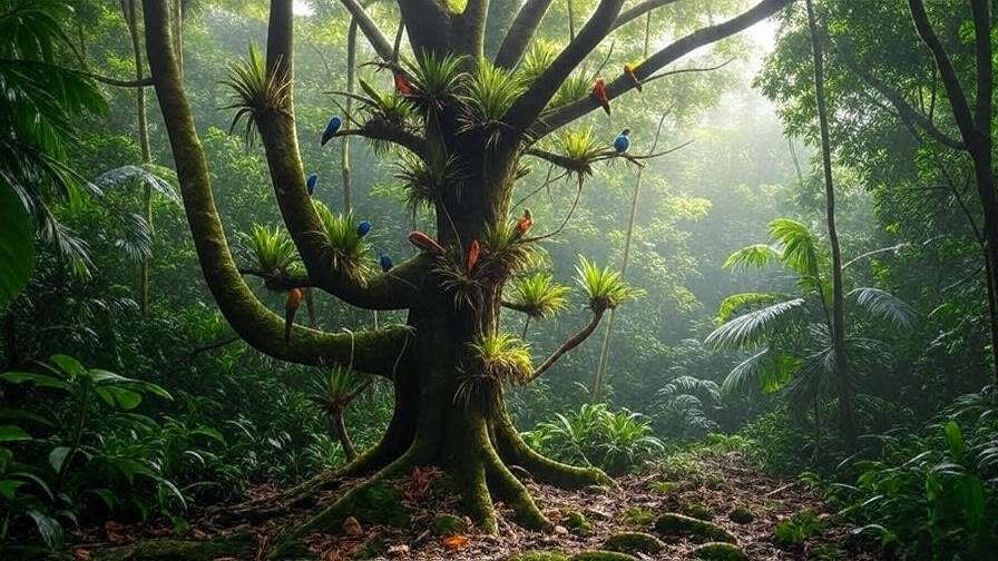 Balete tree in a tropical forest with birds and epiphytes on its trunk."