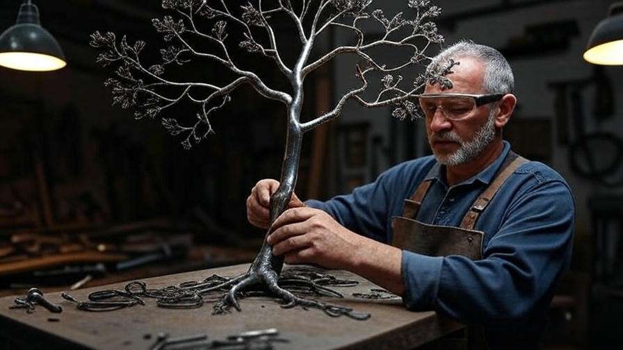 Artisan crafting a custom wrought iron metal tree in a workshop."