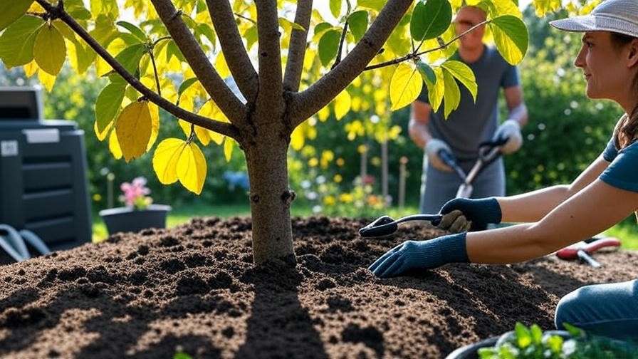 Pluot tree with yellowing leaves and gardener testing soil moisture in a garden."