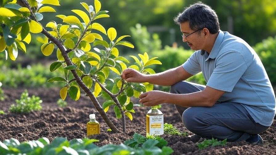 "Gardener inspecting fruit tree with yellow leaves using soil test kit"