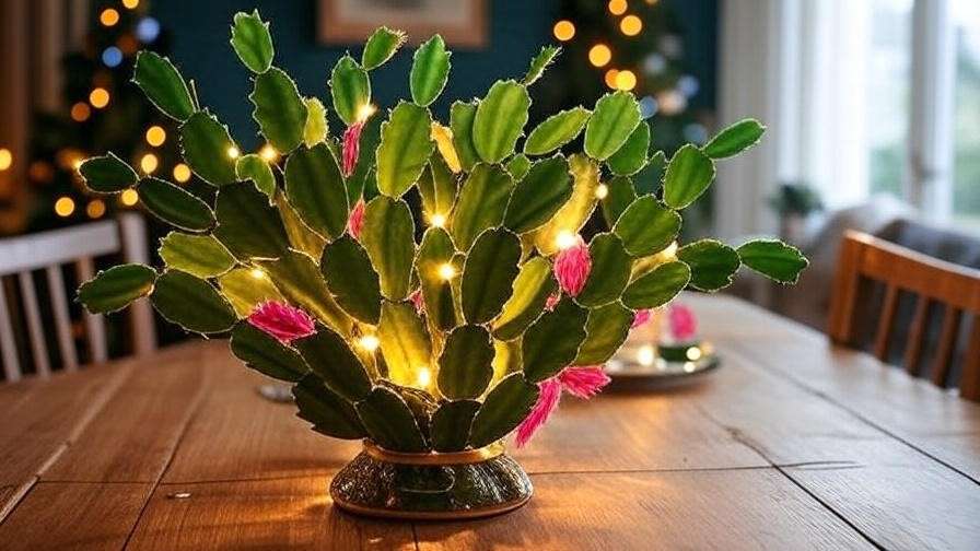 Decorated Schlumbergera cactus with LED lights as a festive Christmas tree centerpiece."