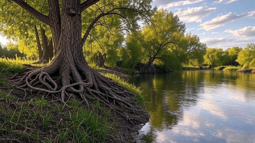 Lush riparian zone with native trees like willows and cottonwoods stabilizing a riverbank".