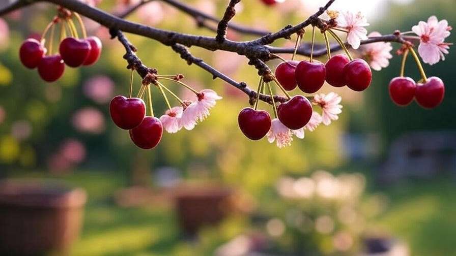 Close-up of a bush cherry tree branch with ripe cherries and pink blossoms in a garden.
