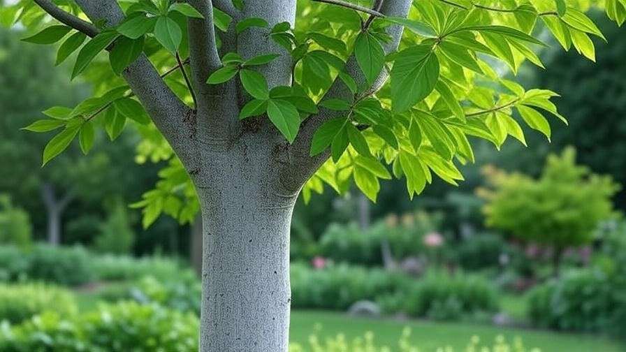 "Close-up of a healthy columnar hornbeam tree with green leaves and gray bark in a garden"
