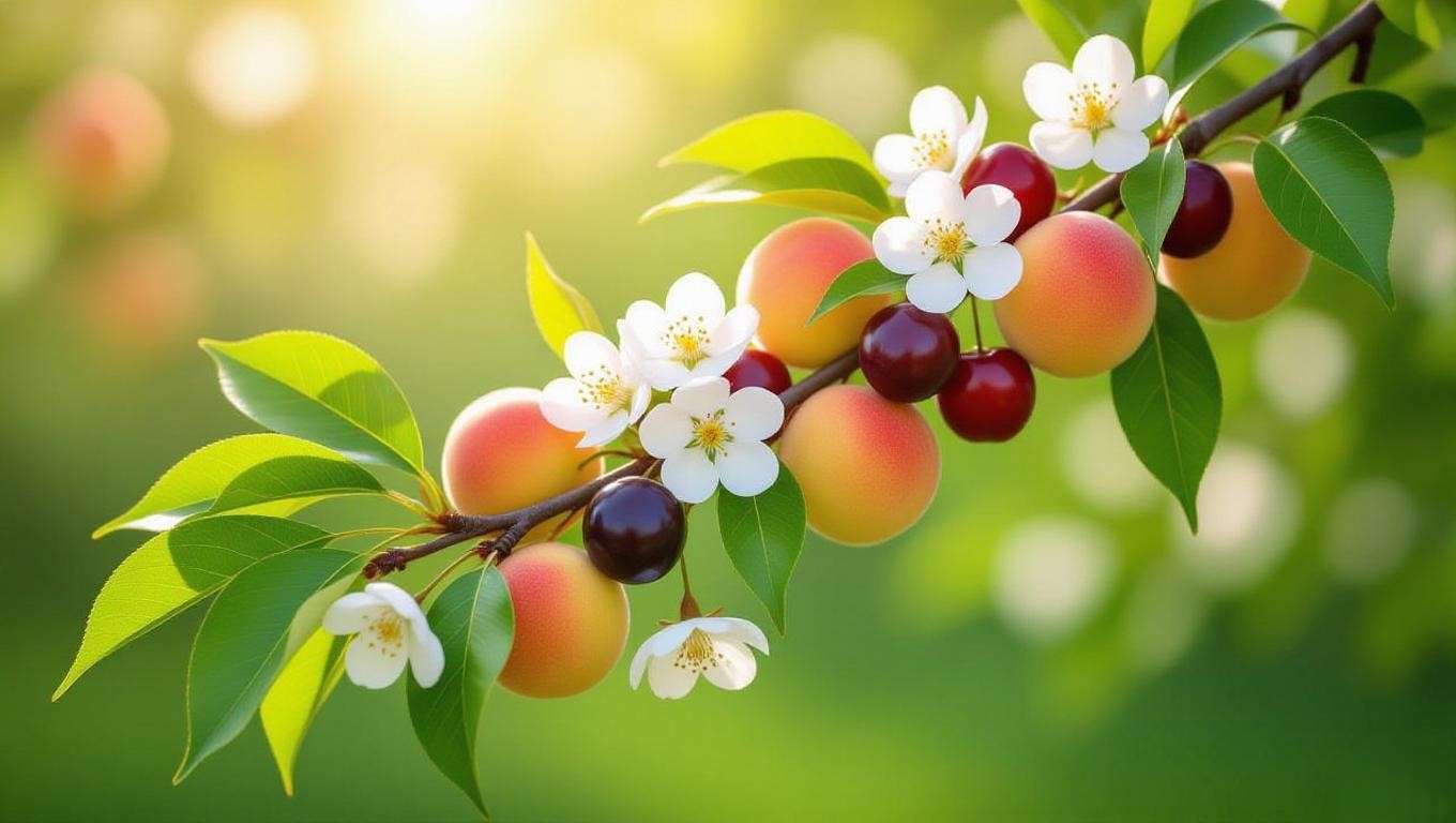 Close-up of a fruit cocktail tree with peaches, plums, and cherries on a lush branch with blossoms."