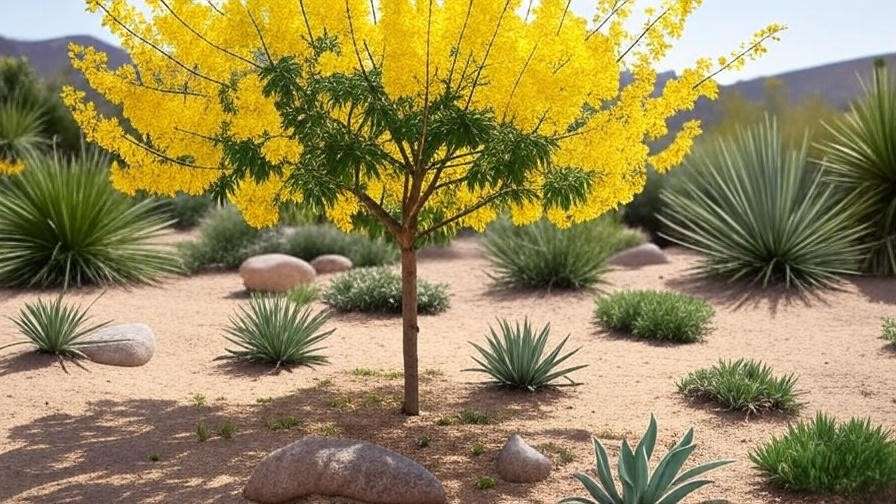 Desert Cassia tree with delicate yellow flowers in a xeriscaped garden"