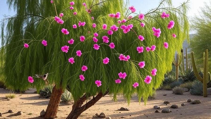 Desert willow tree with pink flowers and hummingbirds in a desert garden".