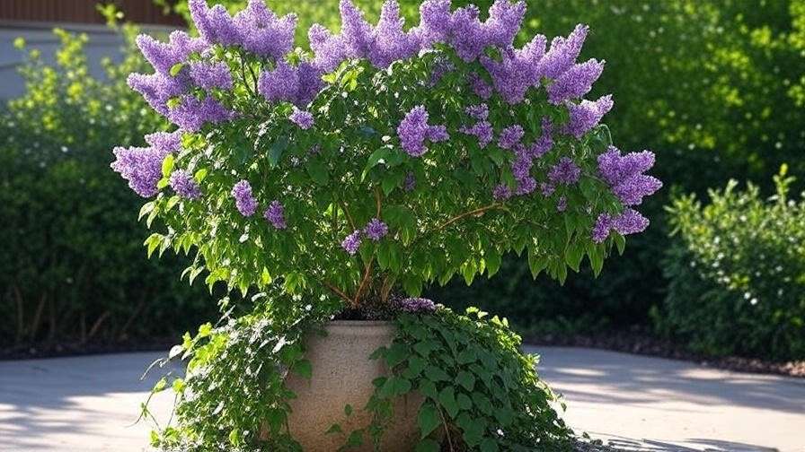 Korean lilac tree in a pot on a patio with trailing ivy.