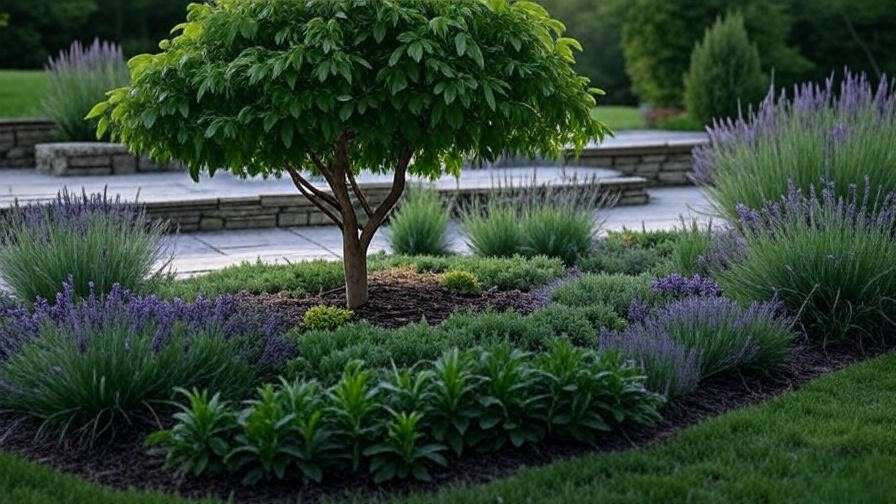 Weeping mulberry tree as a focal point in a landscaped garden with shrubs and a stone patio."