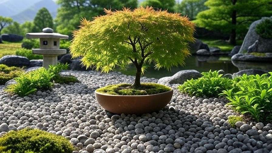 "Potted Japanese maple in a Zen garden with pebbles, lantern, and companion plants.