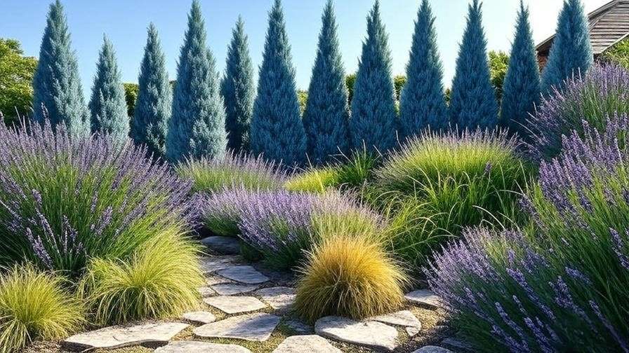 Blue cypress trees as privacy screen with lavender and grasses"