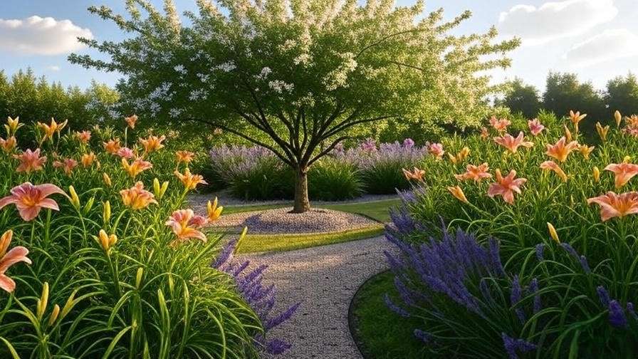 Garden design with a blooming weeping crabapple tree and lavender path."