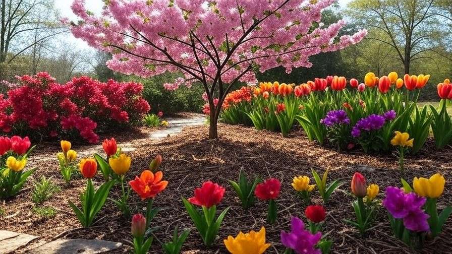 Pink flowering cherry tree in bloom with mulch and companion plants in garden."