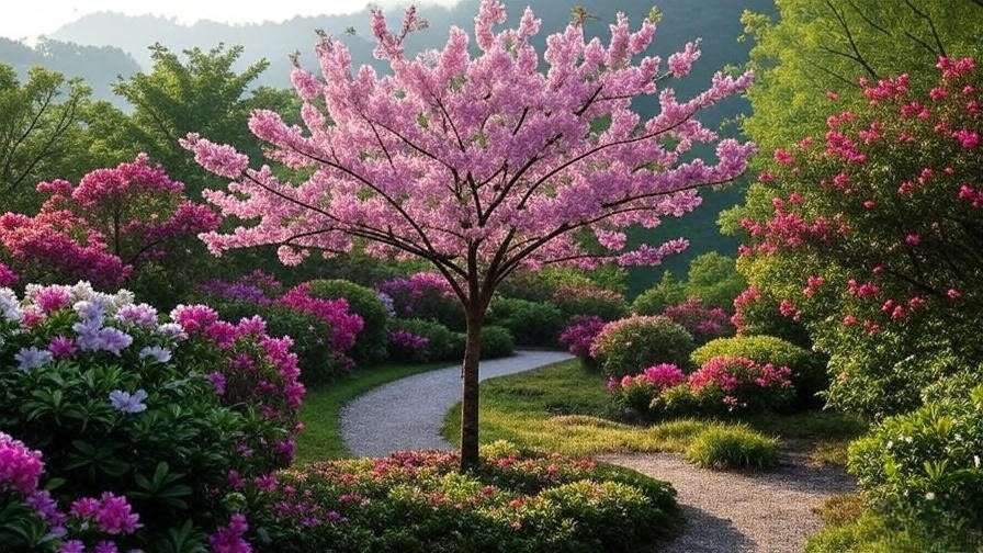 Taiwan cherry tree as focal point in garden with azaleas"