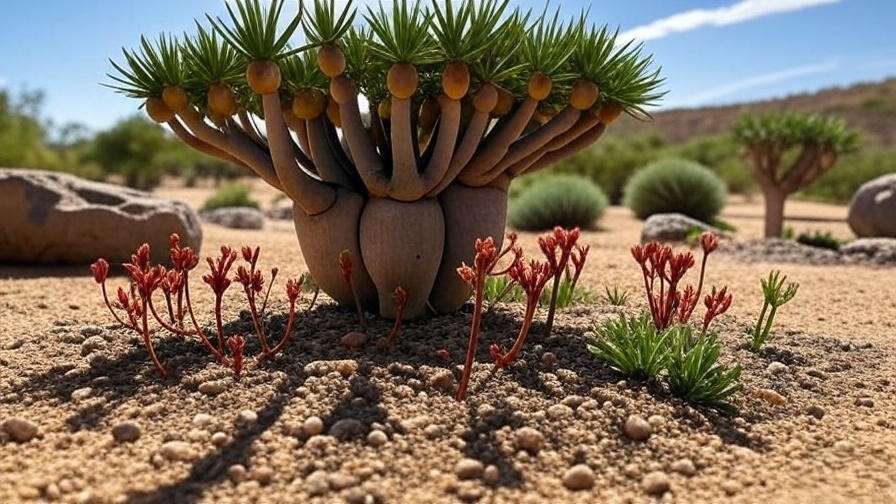 Queensland bottle tree in a desert garden with kangaroo paw and rocks.