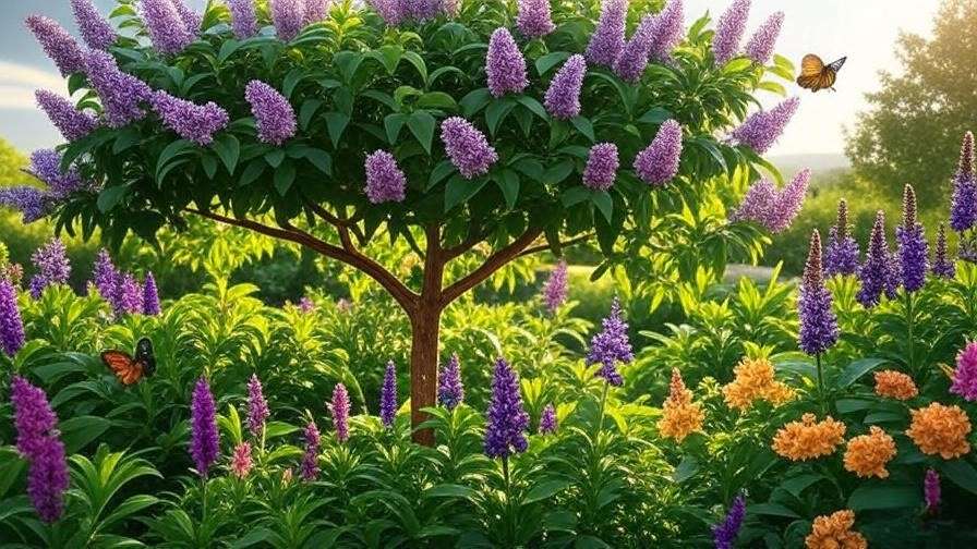 exas lilac tree as focal point in garden with salvia and lantana."
