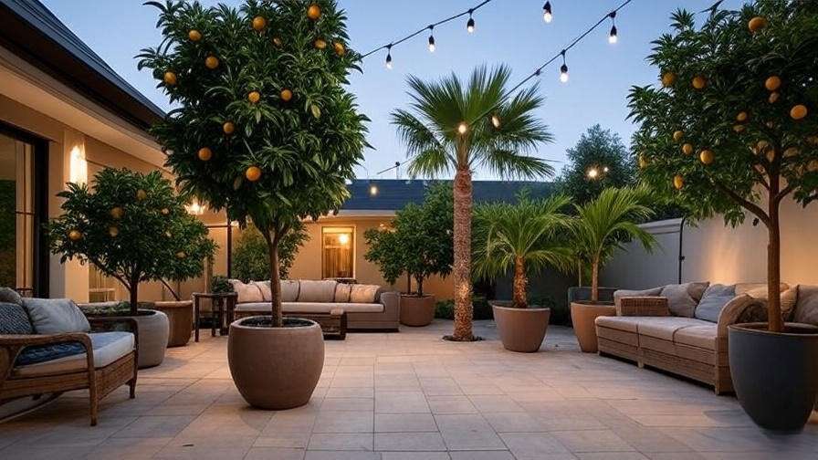 "Designed patio with patio trees and cozy seating area with lights