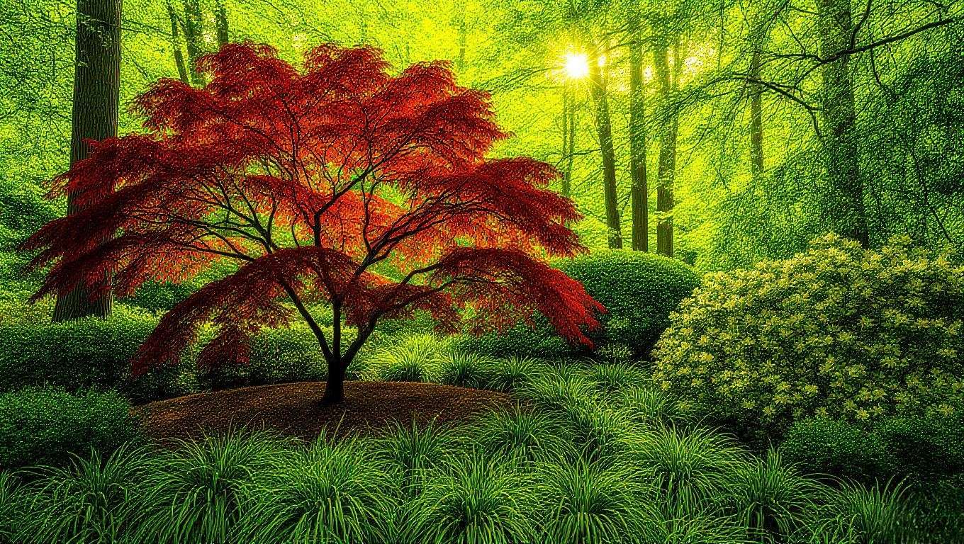 Japanese Maple with purple and red leaves in a garden with silver grasses and azaleas."