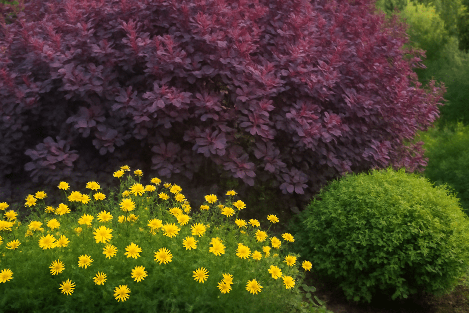 Smoke Tree with purple foliage and yellow Coreopsis in a colorful garden landscape."