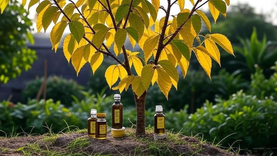 Cherry tree with leaf spot and organic neem oil treatment bottles."