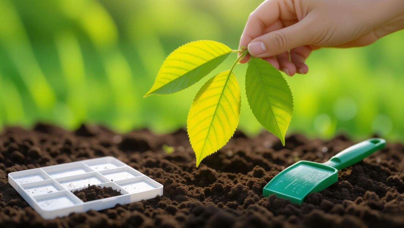 Cherry tree leaf with iron deficiency chlorosis and soil sample kit in garden".