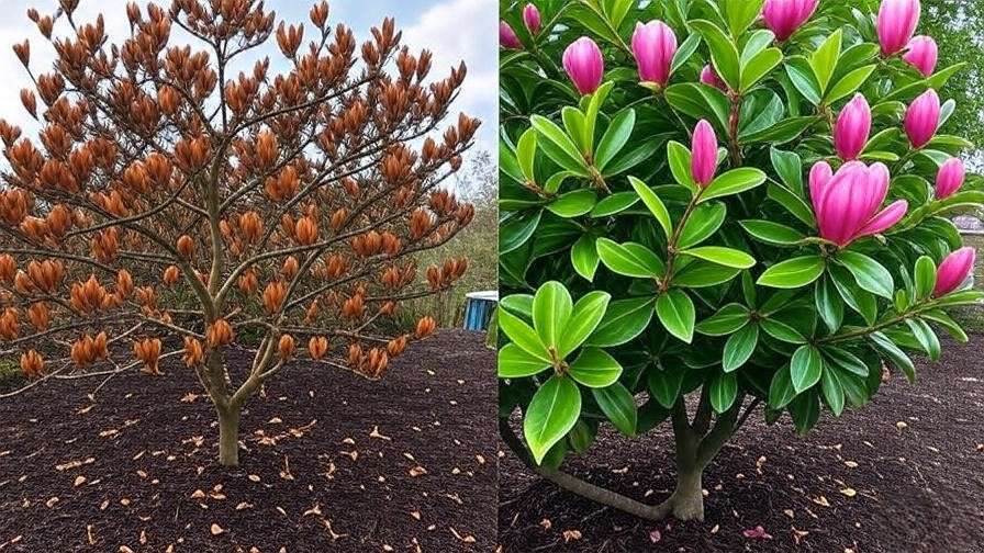 Comparison of drought-stressed and healthy magnolia trees in a garden"