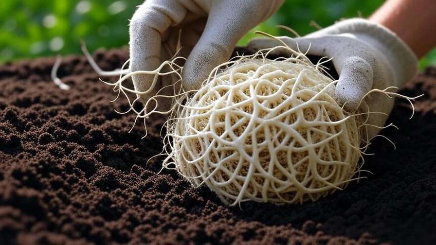 Close-up of healthy cherry tree root ball with gardener inspecting roo