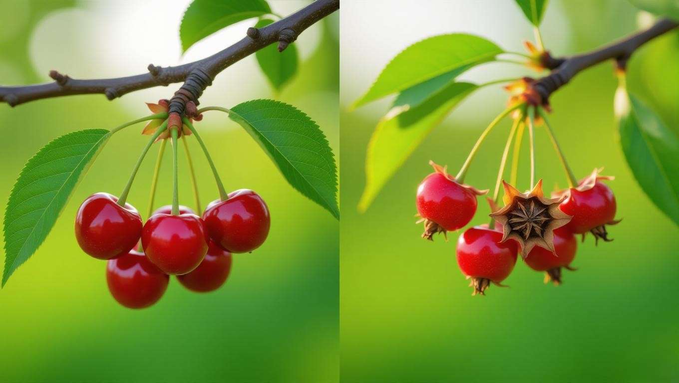 Close-up of healthy and shriveled cherry tree fruits for diagnosing issues"