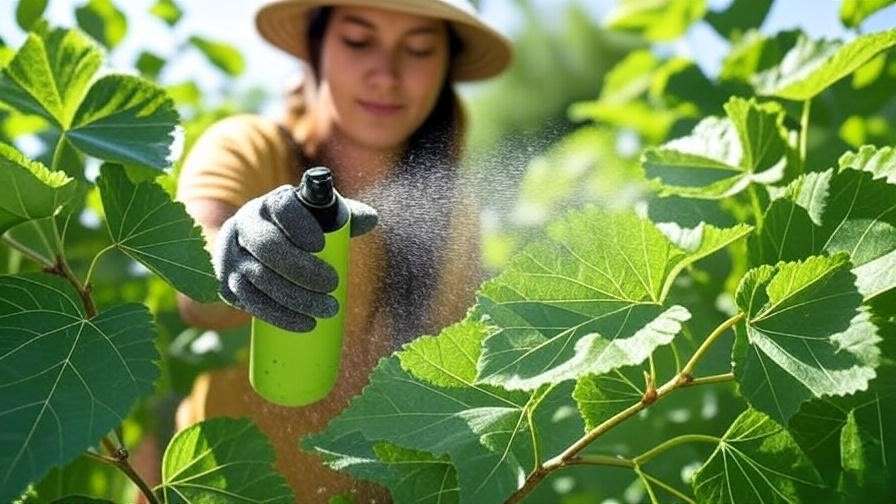 Mulberry leaves with powdery mildew and organic spray in Texas garden".