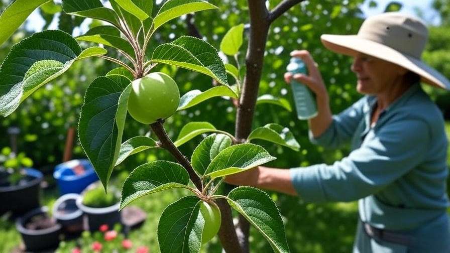 Close-up of Granny Apple tree leaf with apple scab and healthy leaf, gardener applying organic spray."