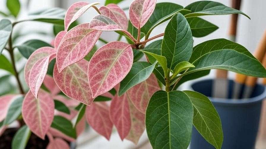 "Close-up of pink and white flowered tree leaf with powdery mildew and healthy leaf."