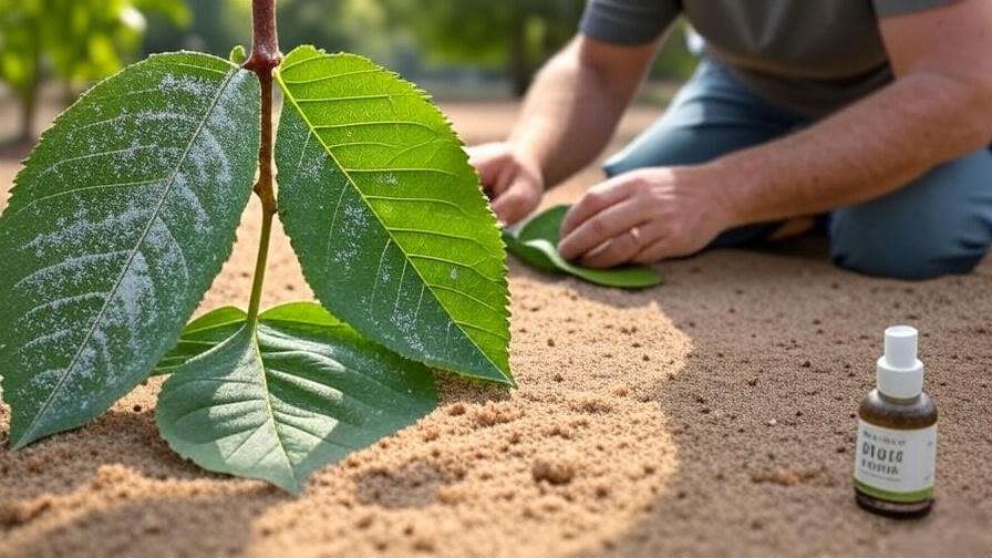 Gardener inspecting cherry tree leaf with powdery mildew and healthy leaf in sandy soil garden with pest control tools."
