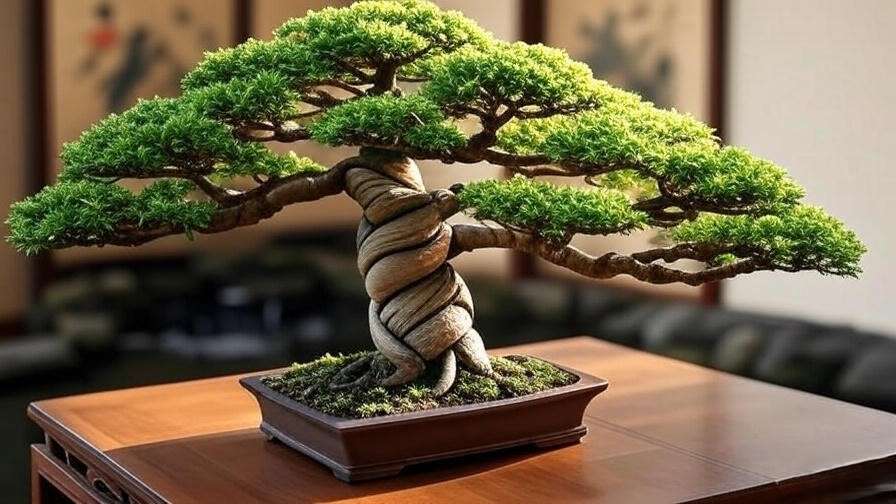 Money tree bonsai with braided trunk and wired branches on a stand in a Feng Shui southeast corner with water feature."
