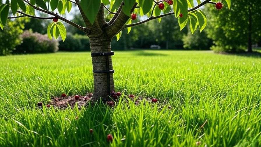 Diagram of a drip irrigation system setup for cherry trees with emitters and tubing