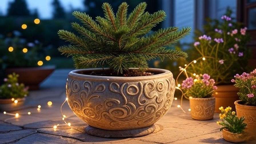Dwarf Alberta Spruce in a pot with fairy lights on a cozy patio."