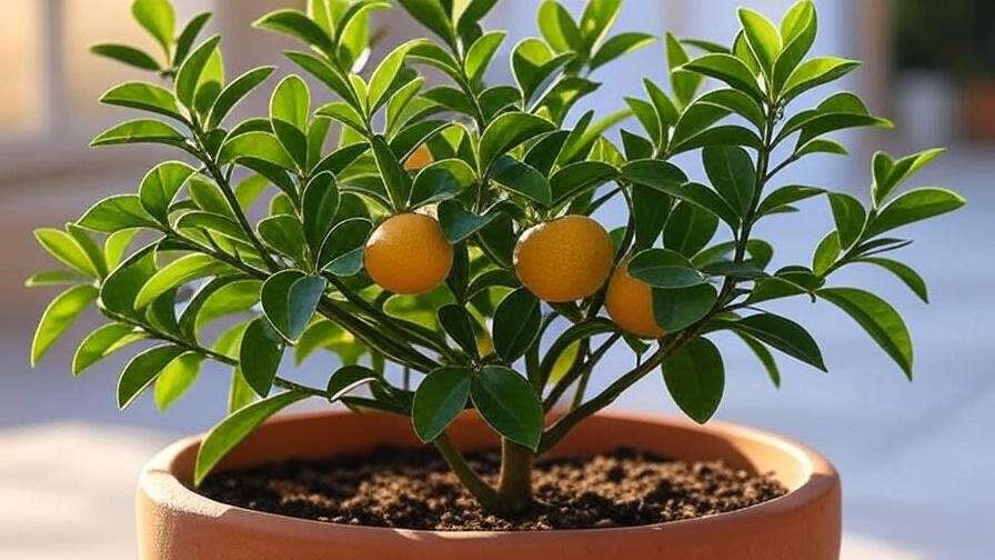 "Close-up of a dwarf citrus tree with ripe fruit in a terracotta pot on a pati