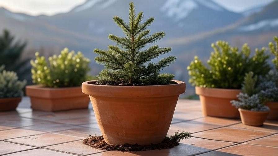 Dwarf conifer in a rustic pot on a patio with evergreen plants