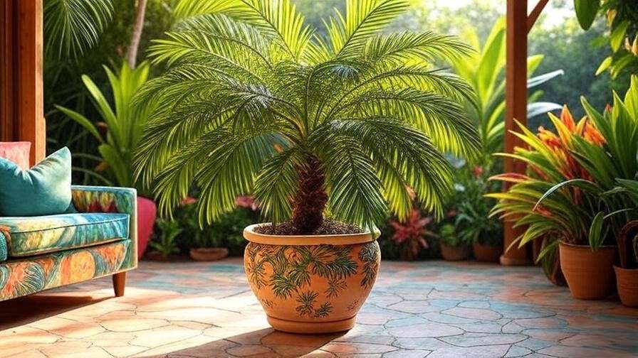 Dwarf palm tree with feathery fronds in a pot on a tropical patio