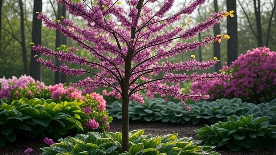 Eastern redbud tree with pink-purple blossoms in a woodland garden border".