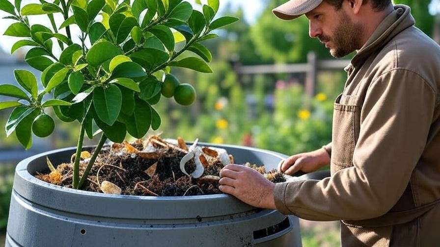 "Gardener composting kitchen scraps near a lime tree in garden".