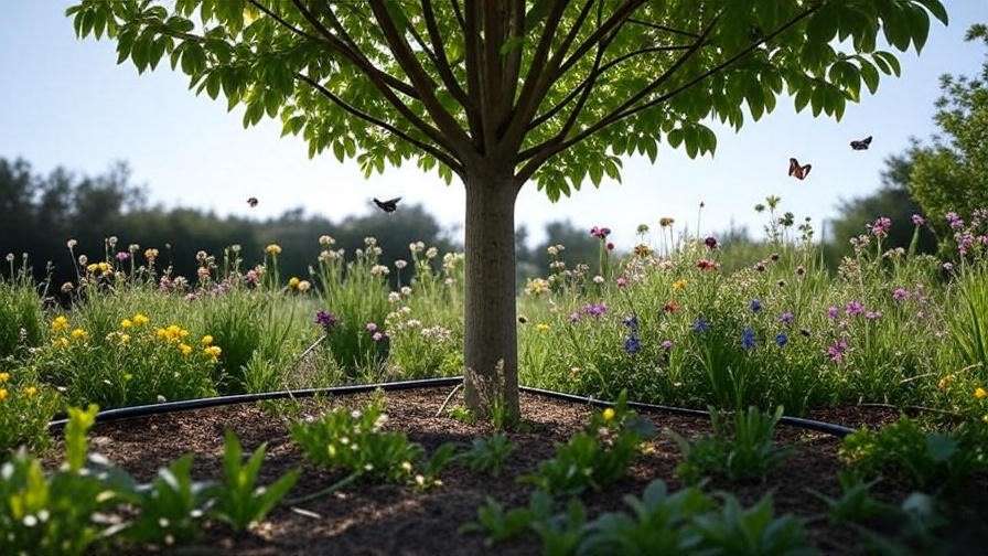 "Mature columnar hornbeam tree with drip irrigation and wildflowers in a sustainable garden"