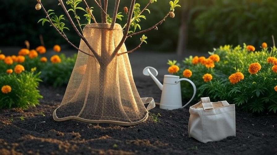 Biodegradable jute netting on a peach tree in a sustainable garden, surrounded by marigold companion plants and a reusable storage bag.