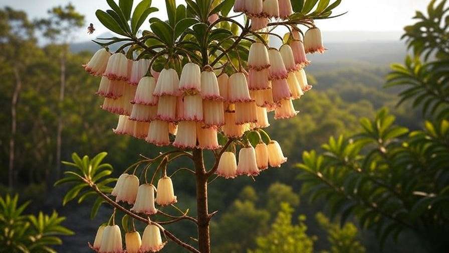 Queensland bottle tree with flowers attracting bees in a natural landscape.