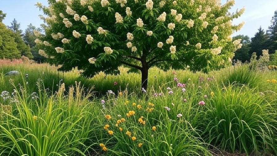 Garden ecosystem with linden tree, wildflowers, and birds."