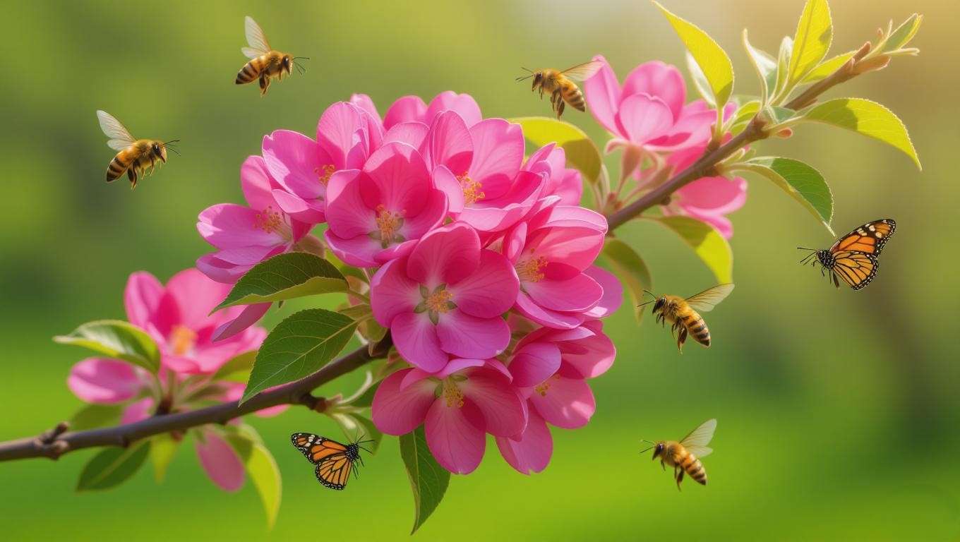 "Flowering crabapple tree with pink blossoms and pollinators like bees and butterflies in a lush garden"