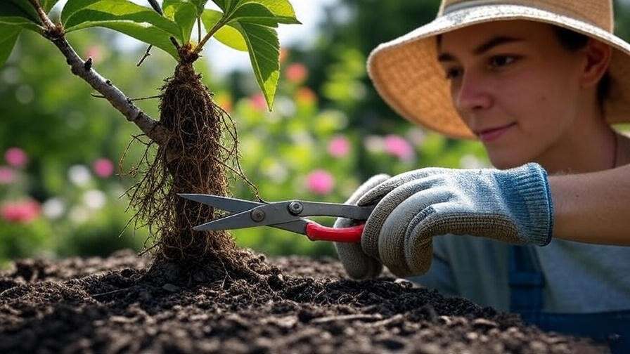 Gardener pruning broken cherry tree branch with shears and covering roots with burlap."