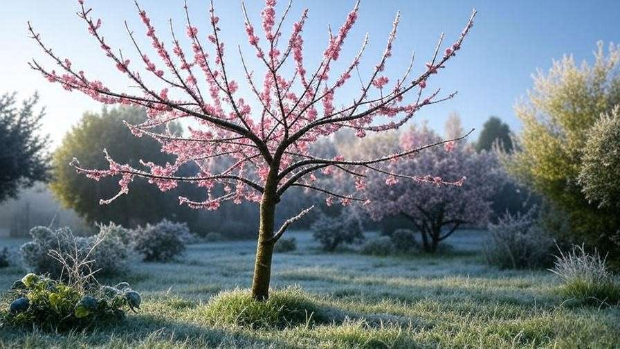 Flower peach tree protected with a frost blanket in a garden during light frost