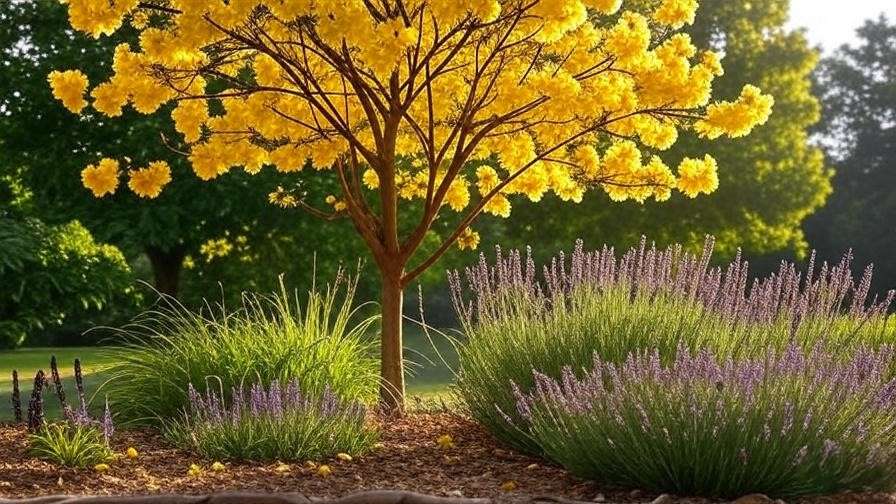 Tabebuia tree with yellow flowers and lavender companion plants in a mulched garden."