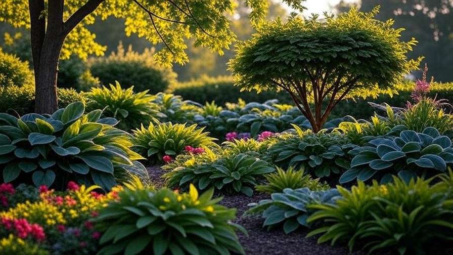 "Landscaped garden with hornbeam hedge and tree with companion plants."
