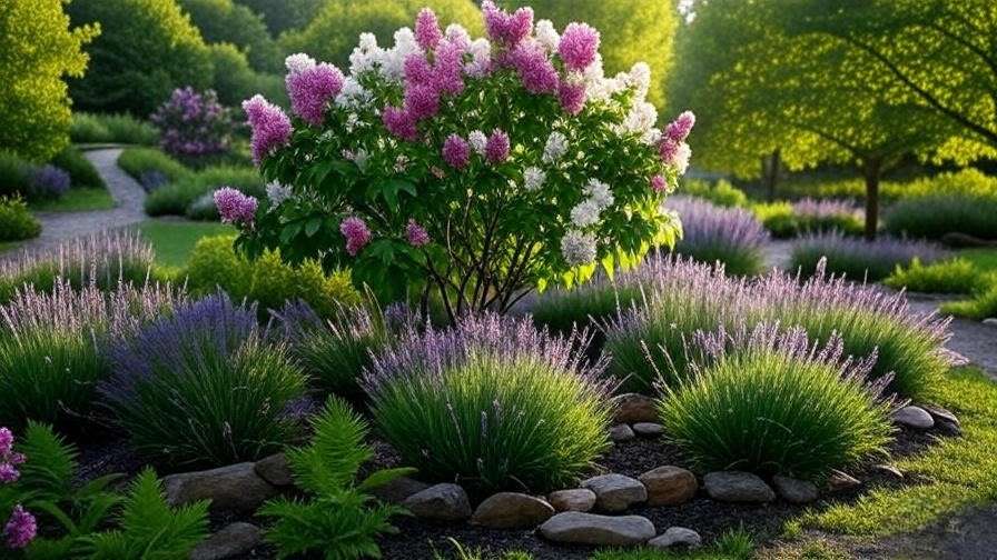 "Lilium tree as a focal point in a garden landscape with lavender and ferns along a pathway.
